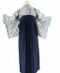 卒業式着物[かわいい系]クリームに水色のストライプ、紺の花の線画No.116